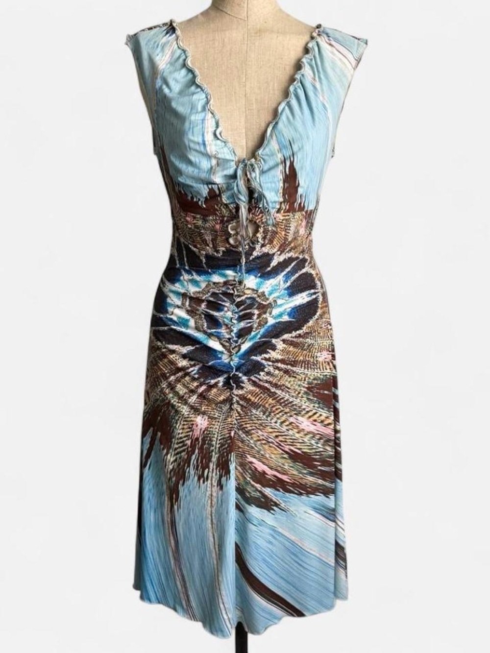 Rare Roberto Cavalli blue silk midi dress with feather print and ruched bodice.